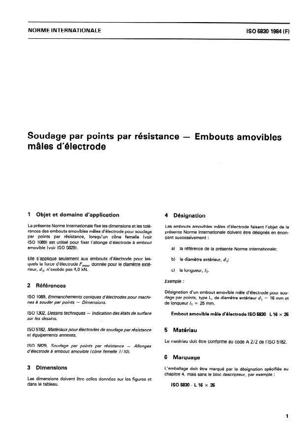 ISO 5830:1984 - Soudage par points par résistance -- Embouts amovibles mâles d'électrode
