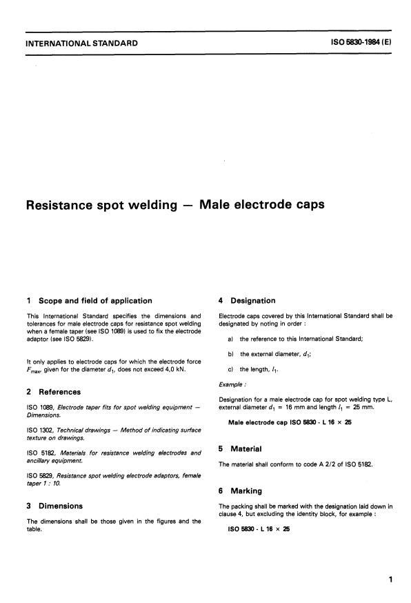 ISO 5830:1984 - Resistance spot welding -- Male electrode caps