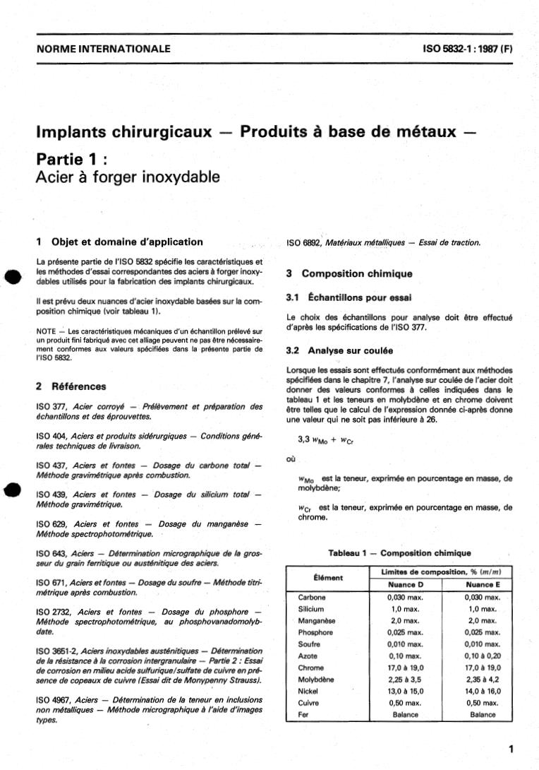ISO 5832-1:1987 - Implants for surgery — Metallic materials — Part 1: Wrought stainless steel
Released:8/13/1987