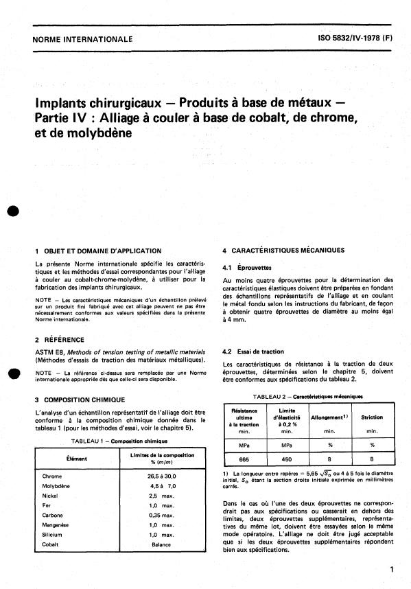 ISO 5832-4:1978 - Implants chirurgicaux -- Produits a base de métaux