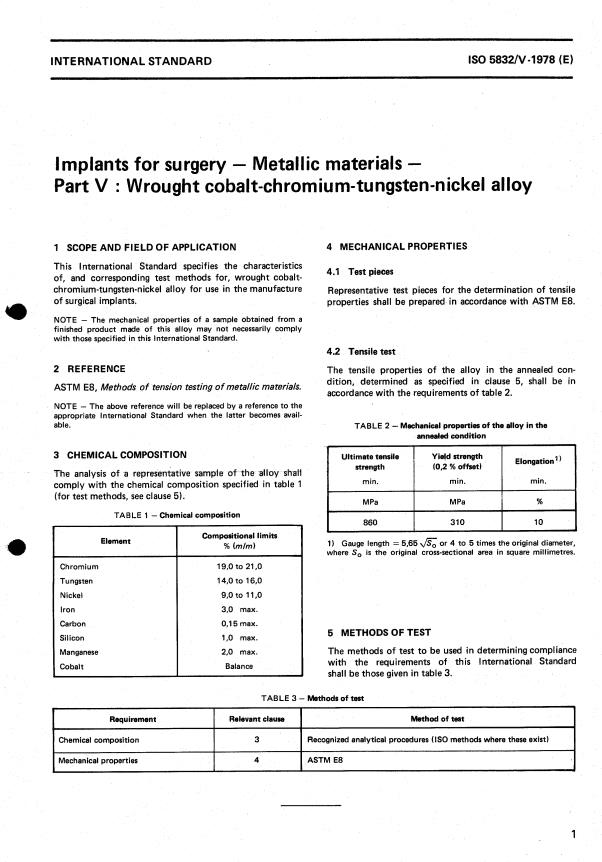 ISO 5832-5:1978 - Implants for surgery -- Metallic materials