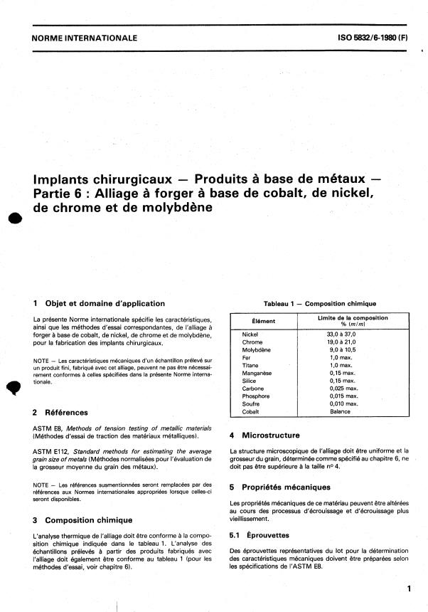 ISO 5832-6:1980 - Implants chirurgicaux -- Produits a base de métaux