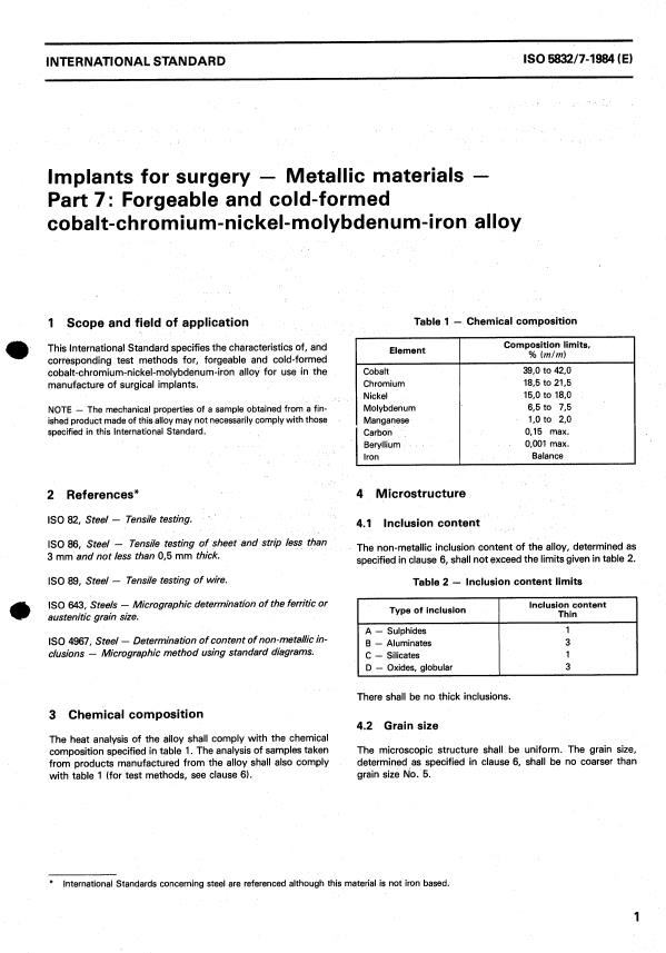 ISO 5832-7:1984 - Implants for surgery -- Metallic materials