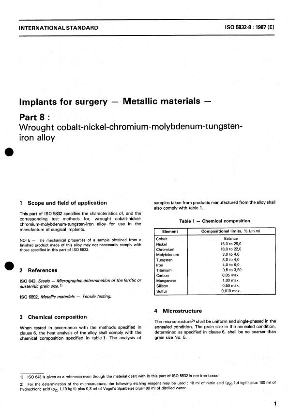 ISO 5832-8:1987 ISO 5832-8:1987 - Implants for surgery -- Metallic materials - Page 3 preview