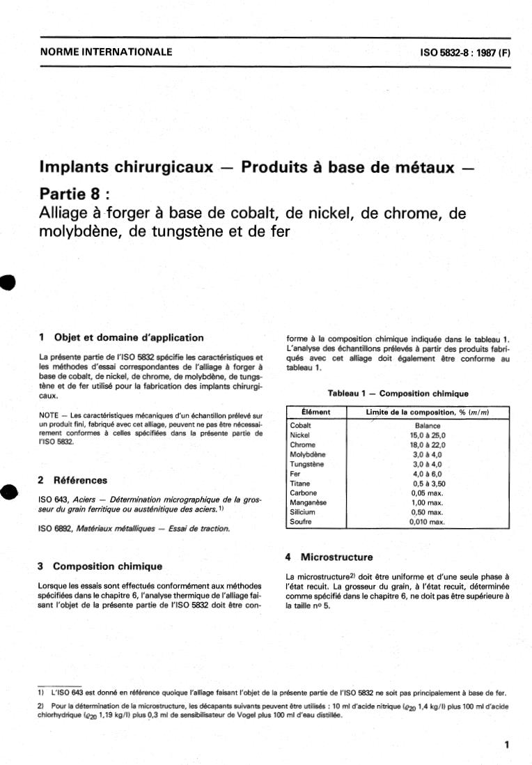ISO 5832-8:1987 ISO 5832-8:1987 - Implants for surgery — Metallic materials — Part 8: Wrought cobalt-nickel-chromium-molybdenum- tungsten-iron alloy
Released:8/20/1987 - Page 3 preview
