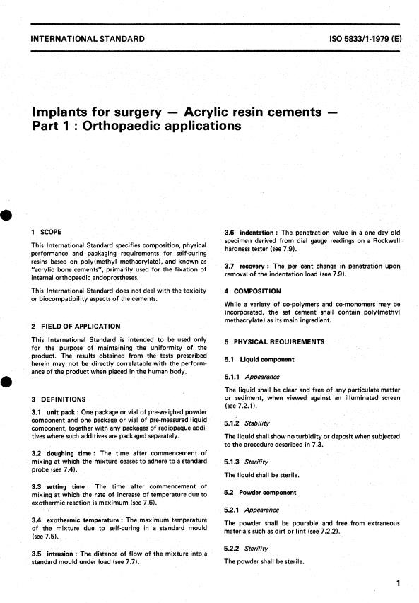 ISO 5833-1:1979 - Implants for surgery -- Acrylic resin cements