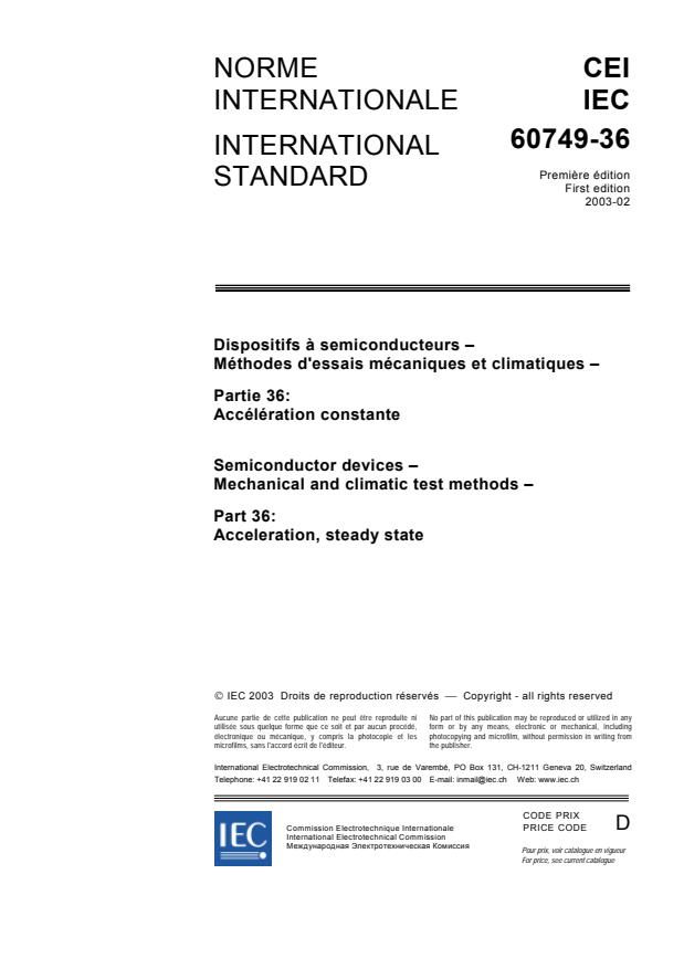 IEC 60749-36:2003 - Semiconductor devices - Mechanical and climatic test methods - Part 36: Acceleration, steady state