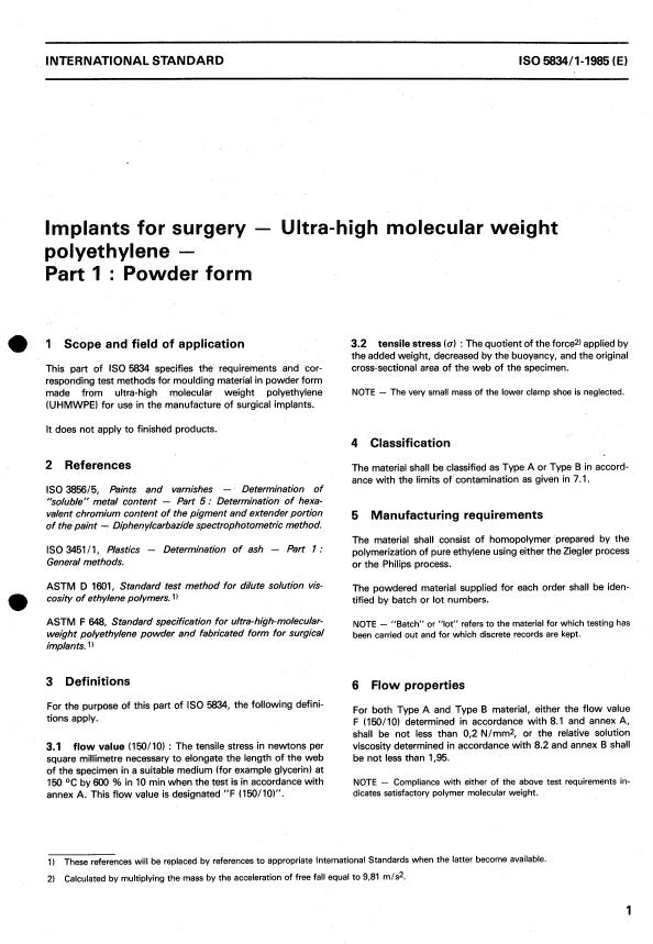 ISO 5834-1:1985 - Implants for surgery -- Ultra-high molecular weight polyethylene