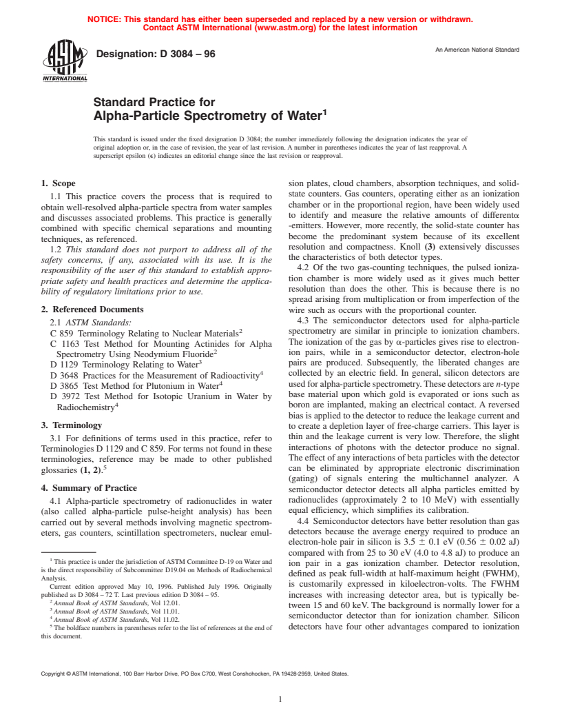 ASTM D3084-96 - Standard Practice for Alpha-Particle Spectrometry of Water