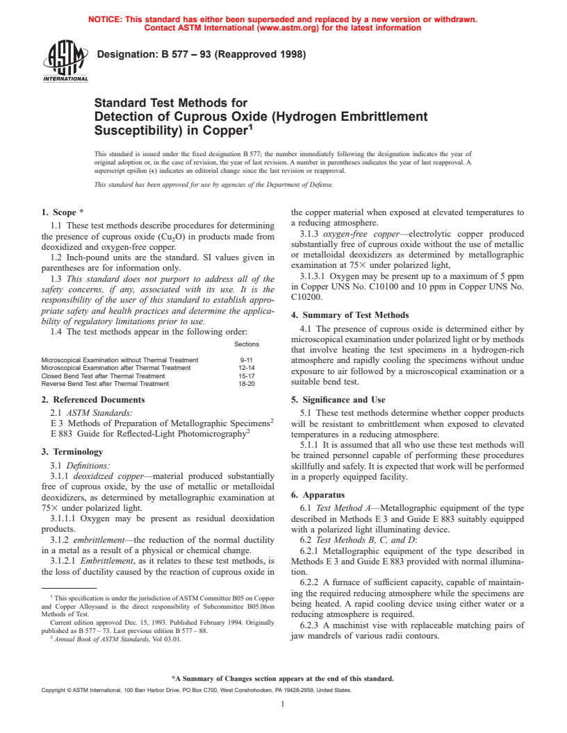 ASTM B577-93(1998) - Standard Test Methods for Detection of Cuprous Oxide (Hydrogen Embrittlement Susceptibility) in Copper