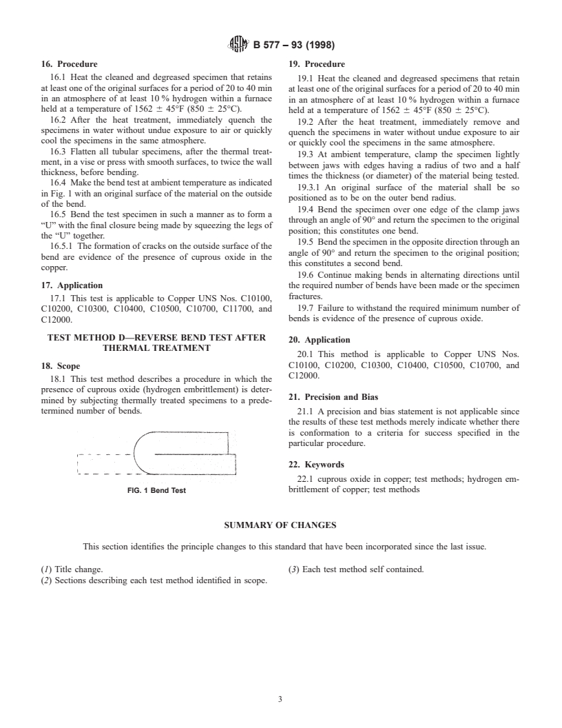 ASTM B577-93(1998) - Standard Test Methods for Detection of Cuprous Oxide (Hydrogen Embrittlement Susceptibility) in Copper