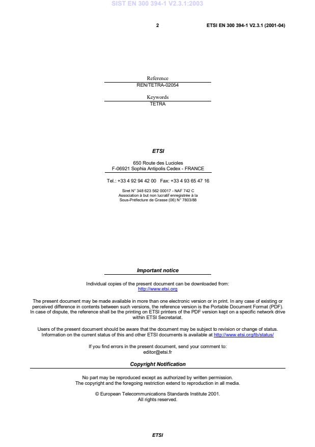 SIST EN 300 394-1 V2.3.1:2003 SIST EN 300 394-1 V2.3.1:2003 - Page 4 preview