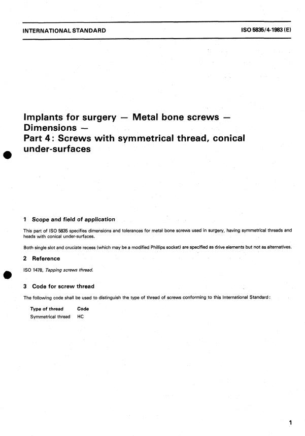 ISO 5835-4:1983 - Implants for surgery -- Metal bone screws -- Dimensions