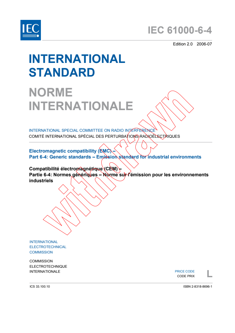 IEC 61000-6-4:2006 - Electromagnetic compatibility (EMC) - Part 6-4: Generic standards - Emission standard for industrial environments
Released:7/10/2006
Isbn:2831886961