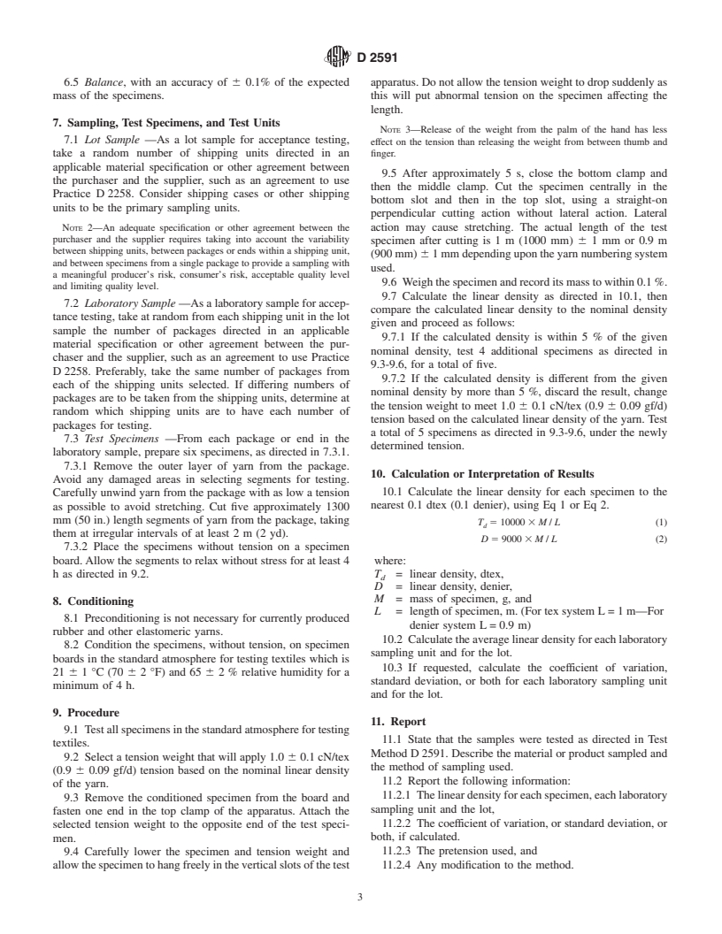 ASTM D2591-01 - Method of Test for Linear Density of Elastomeric Yarn (Short Length Speciments)