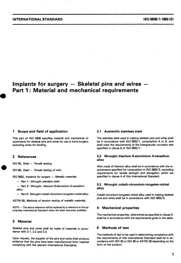 ISO 5838-1:1983 - Implants for surgery -- Skeletal pins and wires