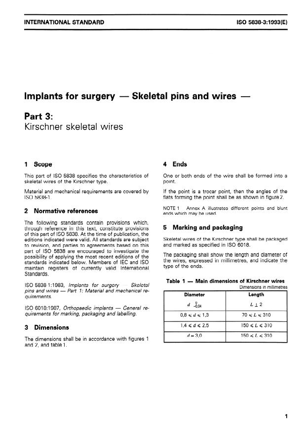 ISO 5838-3:1993 - Implants for surgery -- Skeletal pins and wires