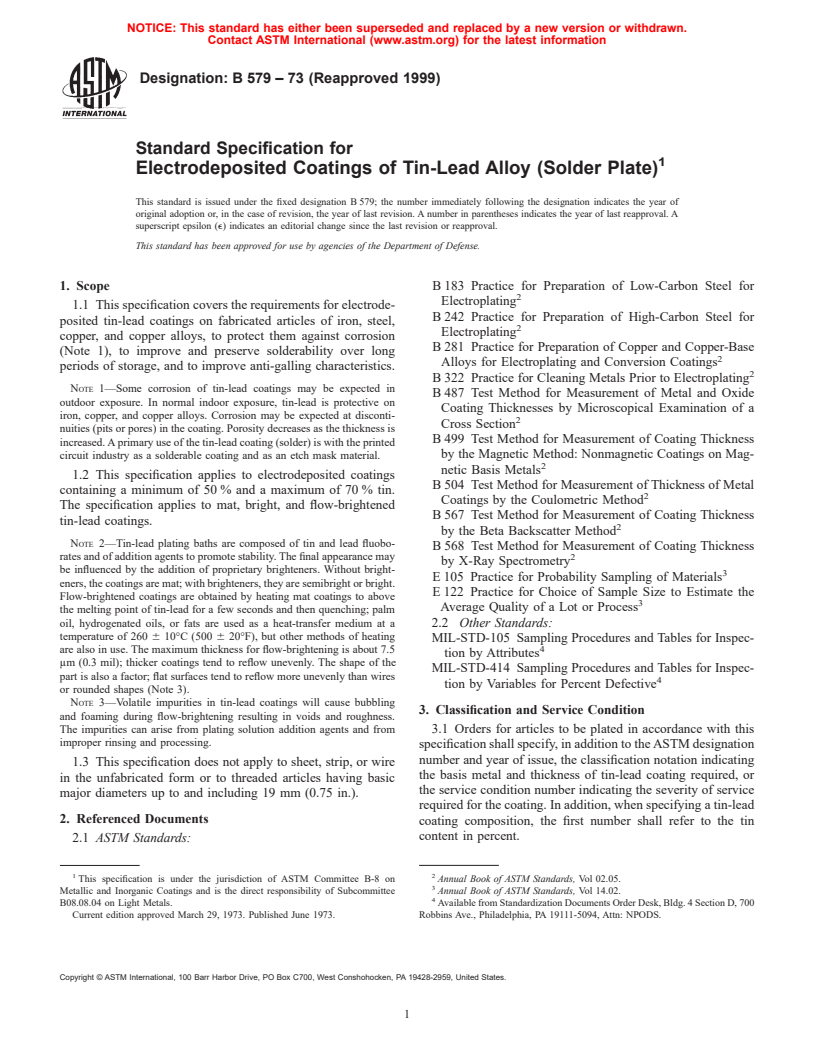 ASTM B579-73(1999) - Standard Specification for Electrodeposited Coatings of Tin-Lead Alloy (Solder Plate)