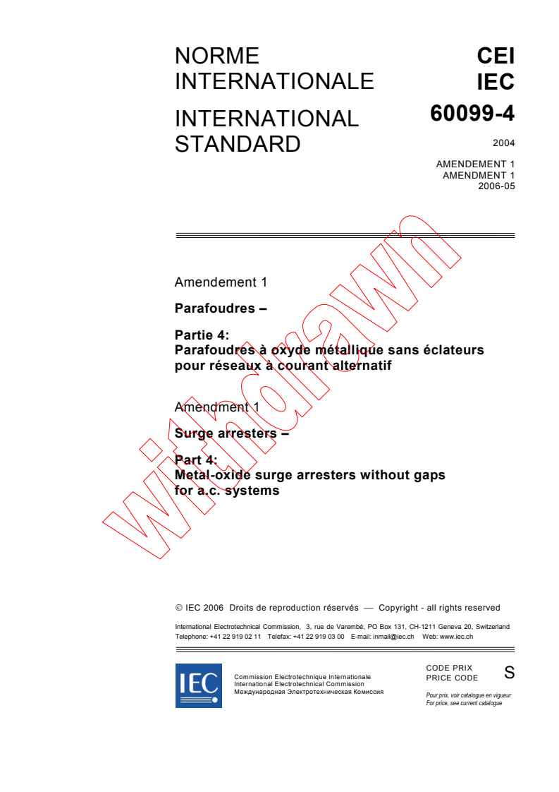 IEC 60099-4:2004/AMD1:2006 - Amendment 1 - Surge arresters - Part 4: Metal-oxide surge arresters without gaps for a.c. systems
Released:5/11/2006
Isbn:2831886260