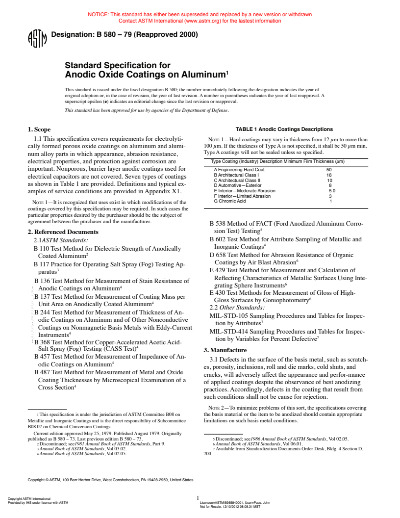 ASTM B580-79(2000) - Standard Specification for Anodic Oxide Coatings on Aluminum