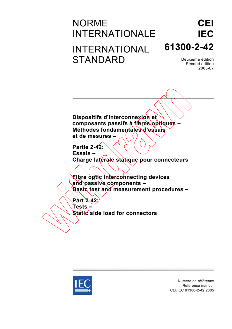 IEC 61300-2-42:2005 - Fibre optic interconnecting devices and passive components - Basic test and measurement procedures - Part 2-42: Tests - Static side load for connectors
Released:7/20/2005
Isbn:2831881153