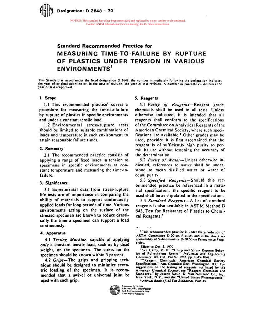 ASTM D2648-70 - Recommended Practice for Measuring Time to Failure by Rupture of Plastics Under Tension in Various Environments (Withdrawn 1976)