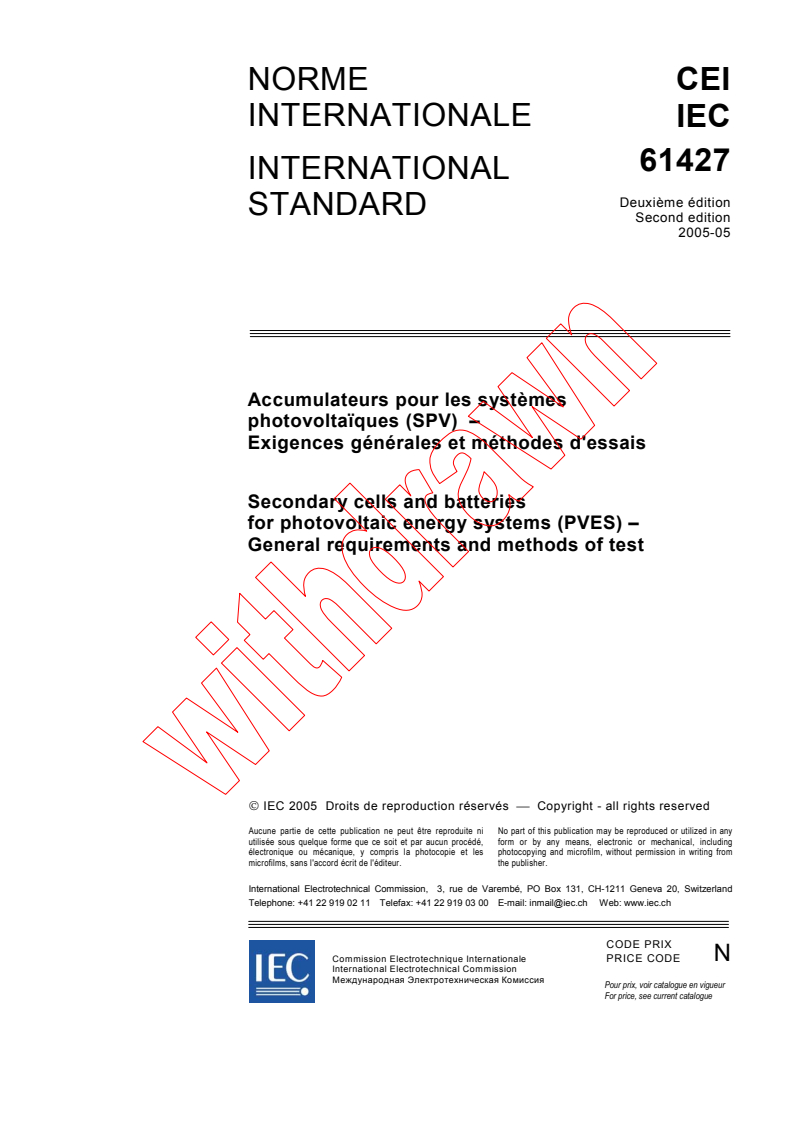 IEC 61427:2005 - Secondary cells and batteries for photovoltaic energy systems (PVES) - General requirements and methods of test
Released:5/4/2005
Isbn:2831879787