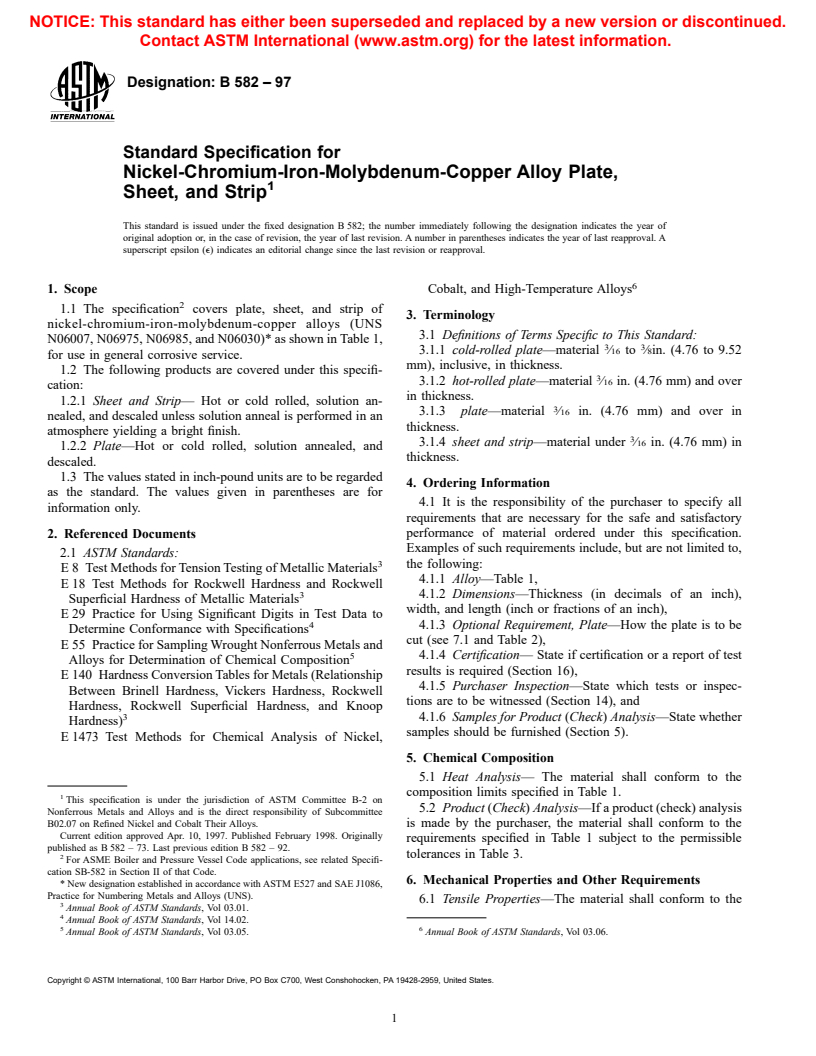 ASTM B582-97 - Standard Specification for Nickel-Chromium-Iron-Molybdenum-Copper Alloy Plate, Sheet, and Strip