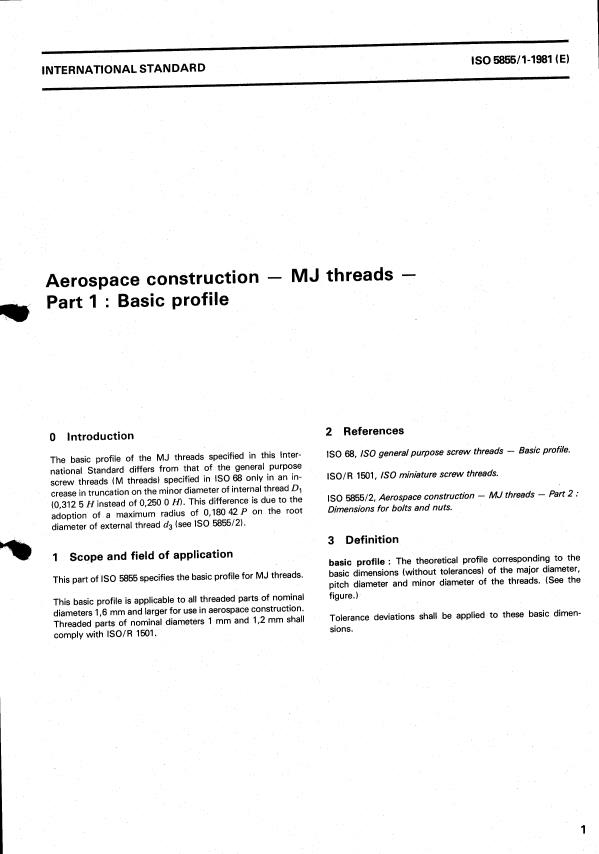 ISO 5855-1:1981 - Aerospace construction -- MJ threads