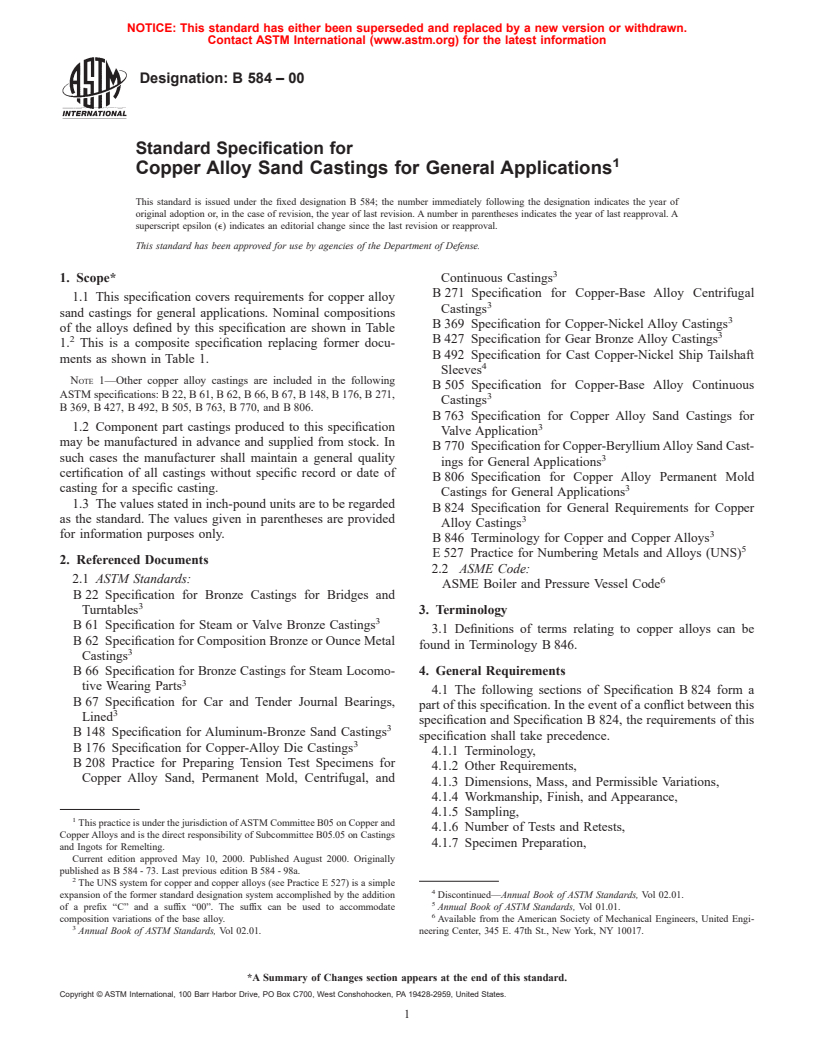 ASTM B584-00 - Standard Specification for Copper Alloy Sand Castings for General Applications