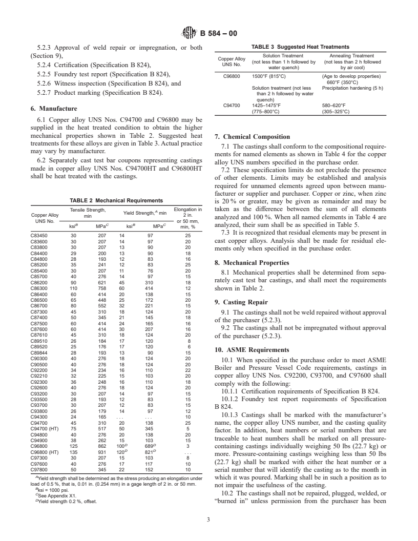 ASTM B584-00 - Standard Specification for Copper Alloy Sand Castings for General Applications