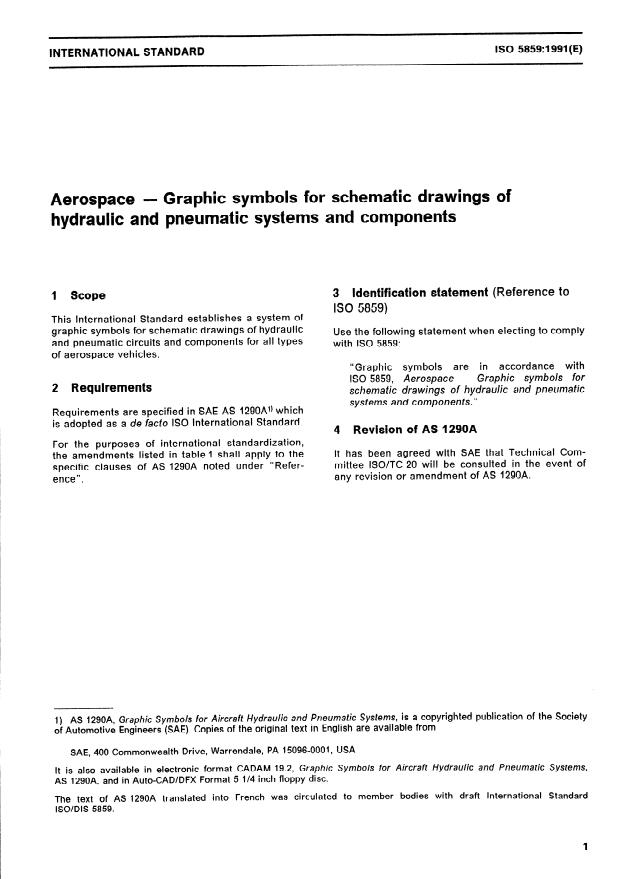 ISO 5859:1991 - Aerospace -- Graphic symbols for schematic drawings of hydraulic and pneumatic systems and components