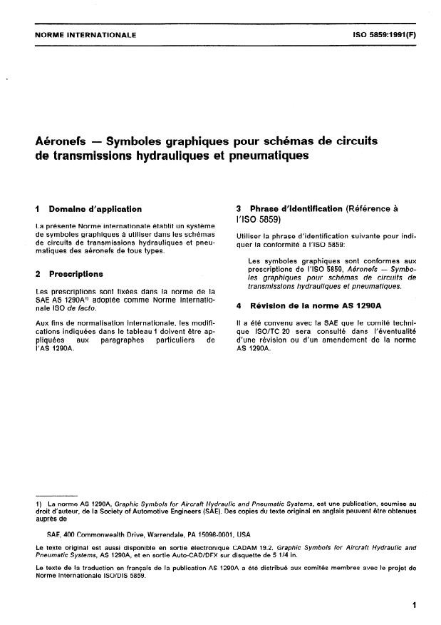 ISO 5859:1991 - Aéronefs -- Symboles graphiques pour schémas de circuits de transmissions hydrauliques et pneumatiques