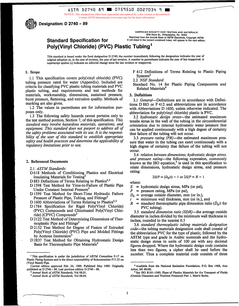 ASTM D2740-89 - Specification for Polyvinyl Chloride (PVC) Plastic Tubing (Withdrawn 1989)