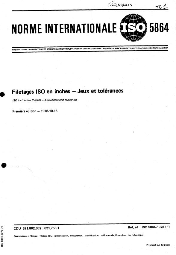 ISO 5864:1978 - Filetages ISO en inches -- Jeux et tolérances