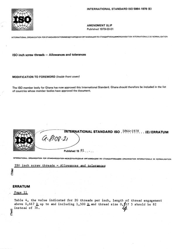 ISO 5864:1978 - ISO inch screw threads -- Allowances and tolerances