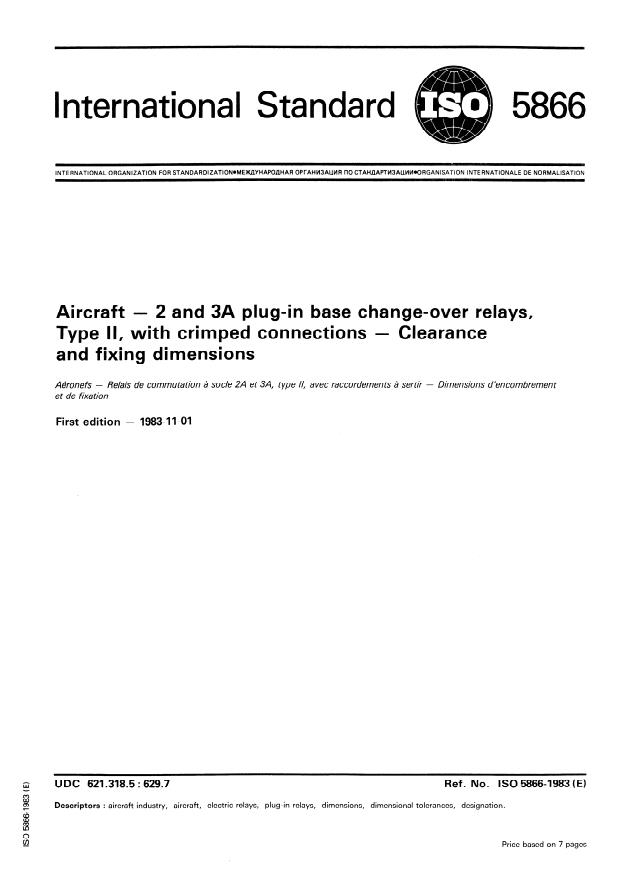 ISO 5866:1983 - Aircraft -- 2 and 3A plug-in base change-over relays, Type II, with crimped connections -- Clearance and fixing dimensions