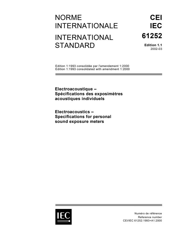 IEC 61252:1993+AMD1:2000 CSV - Electroacoustics - Specifications for personal sound exposure meters