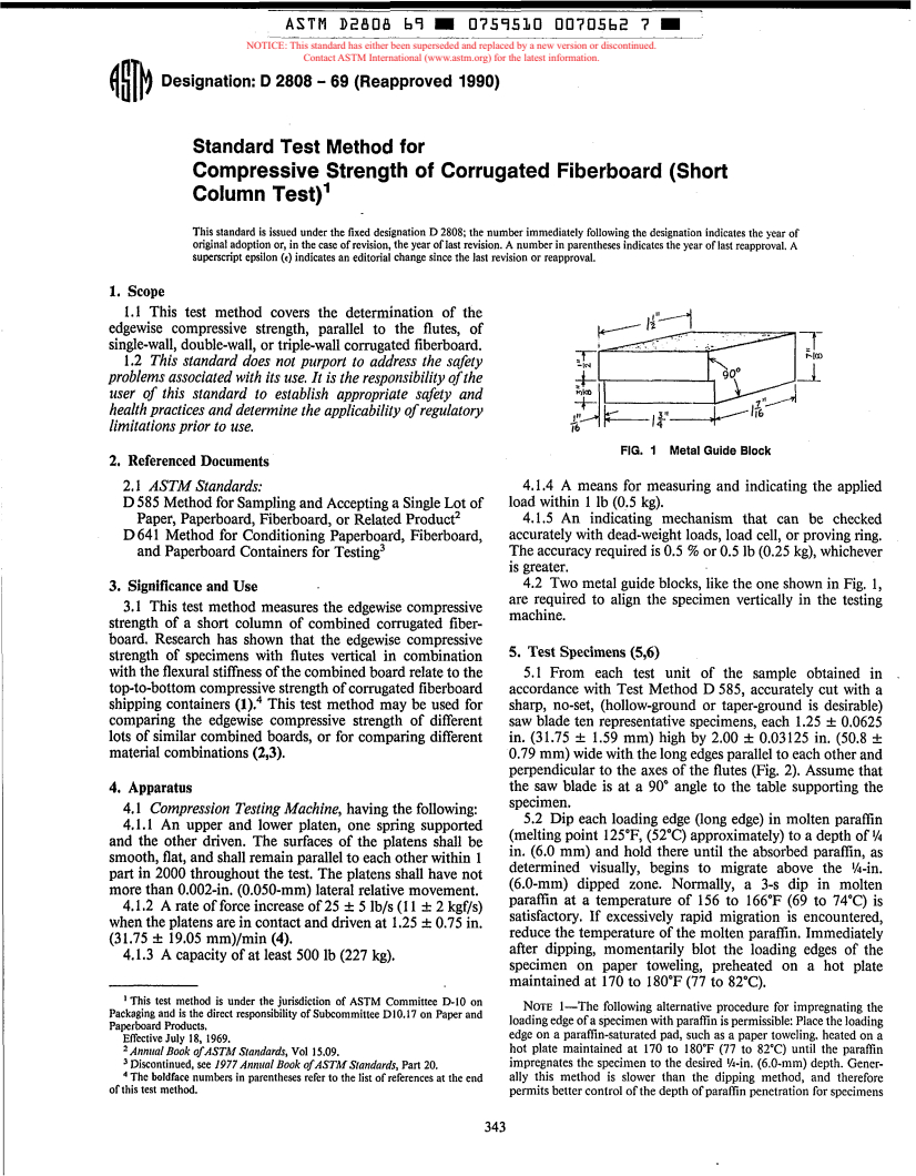 ASTM D2808-69(1990) - Test Method for Compressive Strength of Corrugated Fiberboard (Short Column Test) (Withdrawn 1991)