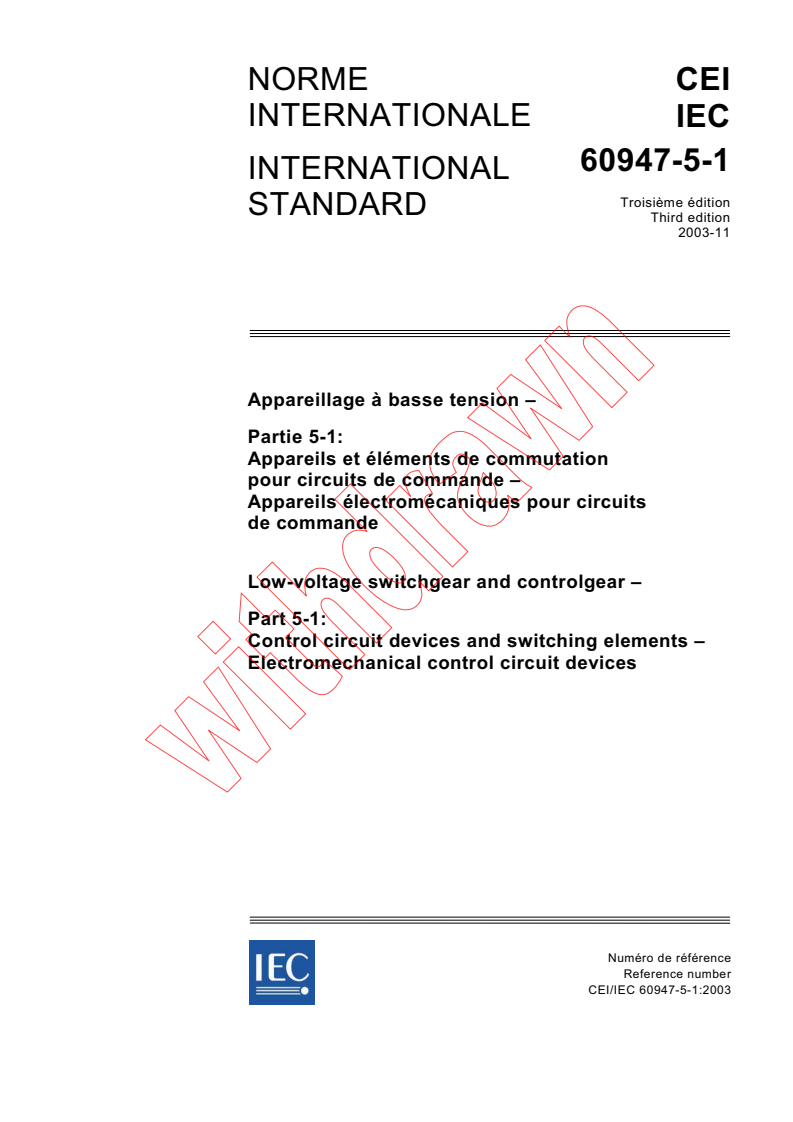 IEC 60947-5-1:2003 - Low-voltage switchgear and controlgear - Part 5-1: Control circuit devices and switching elements - Electromechanical control circuit devices
Released:11/12/2003
Isbn:2831872782