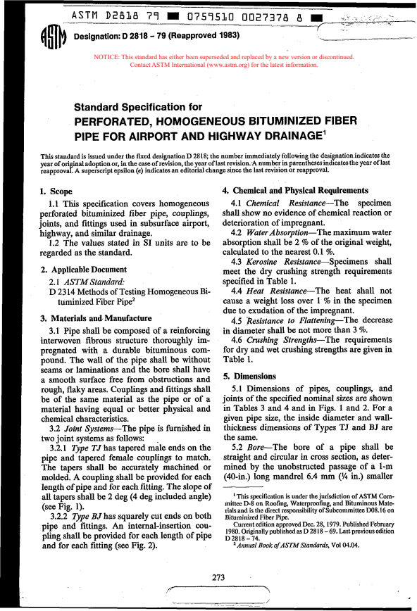 ASTM D2818-79(1983) - Specification for Perforated Homogeneous Bituminized Fiber Pipe for Airport and Highway Drainage (Withdrawn 1990)