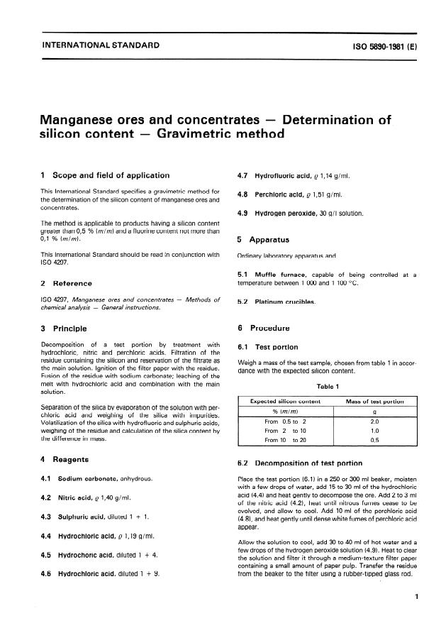ISO 5890:1981 - Manganese ores and concentrates -- Determination of silicon content -- Gravimetric method