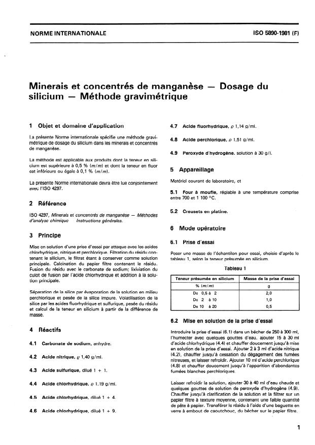 ISO 5890:1981 - Minerais et concentrés de manganese -- Dosage du silicium -- Méthode gravimétrique