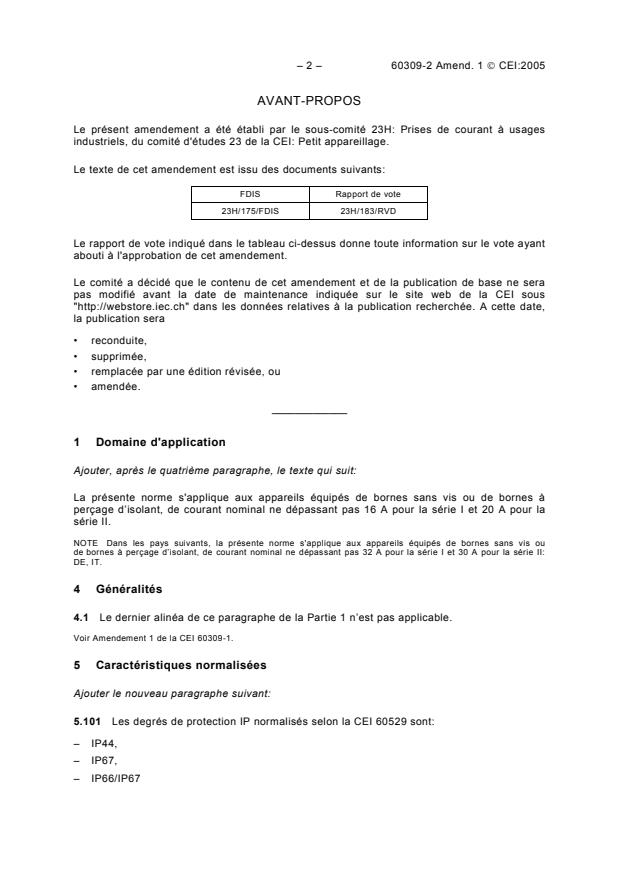 IEC 60309-2:1999/AMD1:2005 IEC 60309-2:1999/AMD1:2005 - Amendment 1 - Plugs, socket-outlets and couplers for industrial purposes - Part 2: Dimensional interchangeability requirements for pin and contact-tube accessories - Page 2 preview