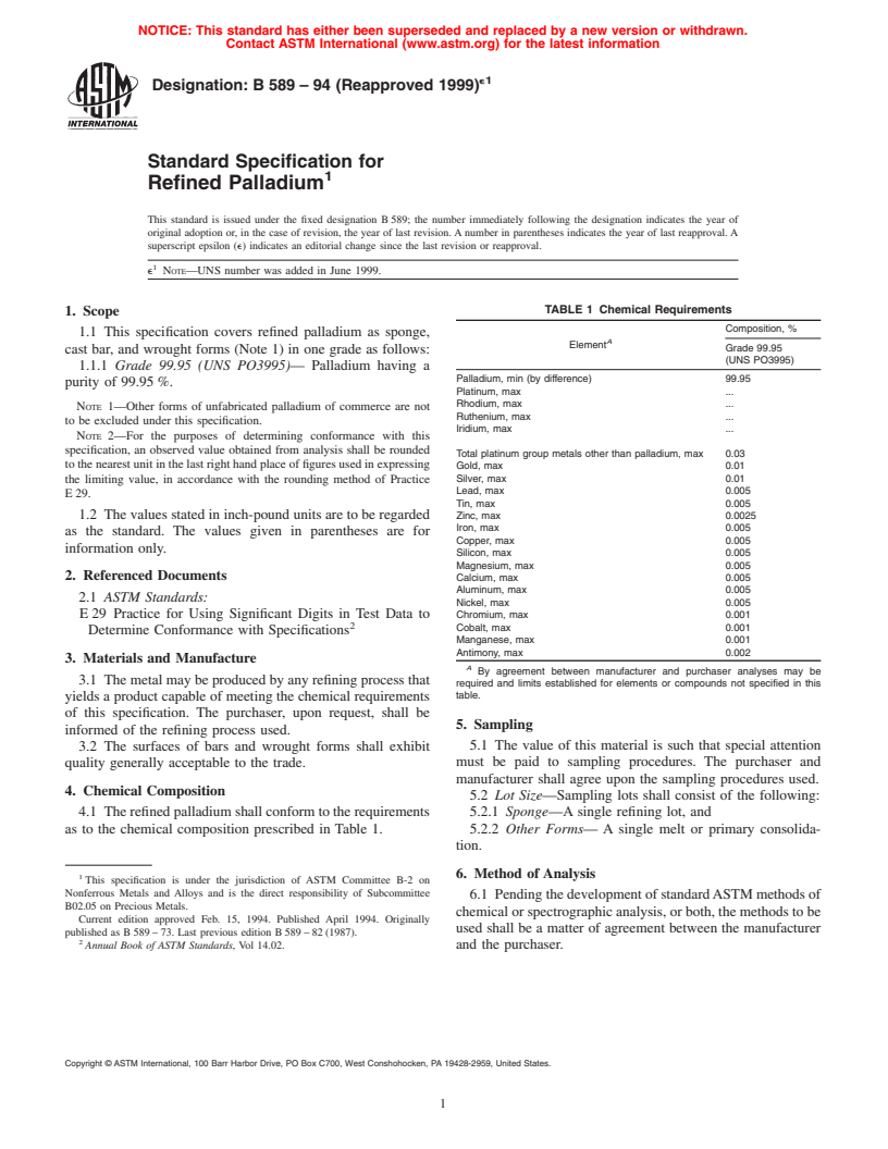 ASTM B589-94(1999)e1 - Standard Specification for Refined Palladium