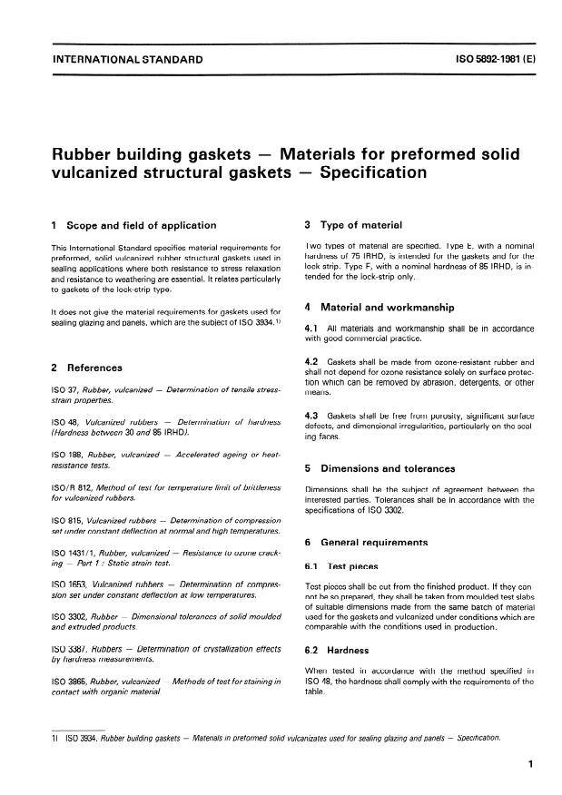 ISO 5892:1981 - Rubber building gaskets -- Materials for preformed solid vulcanized structural gaskets -- Specification