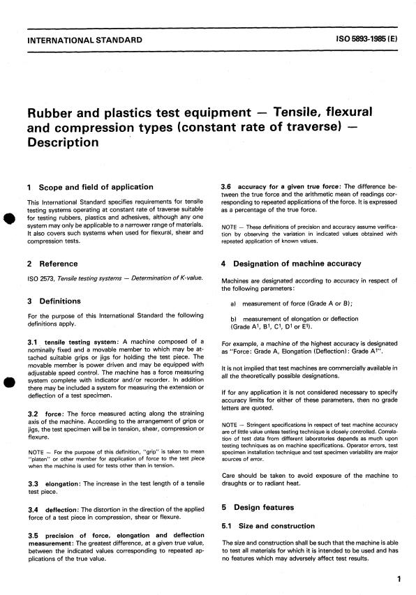 ISO 5893:1985 - Rubber and plastics test equipment -- Tensile, flexural and compression types (constant rate of traverse) -- Description
