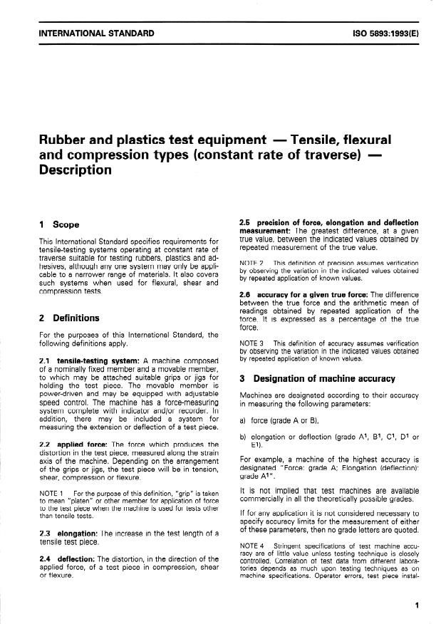 ISO 5893:1993 - Rubber and plastics test equipment -- Tensile, flexural and compression types (constant rate of traverse) -- Description