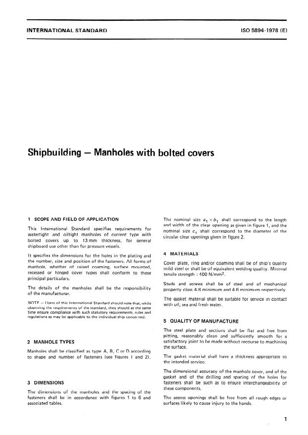ISO 5894:1978 - Shipbuilding -- Manholes with bolted covers