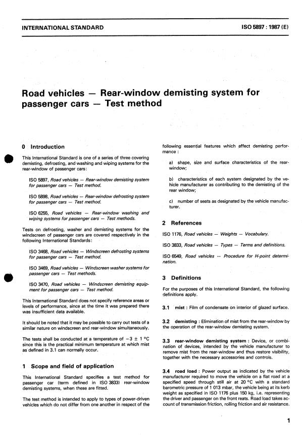 ISO 5897:1987 - Road vehicles -- Rear-window demisting system for passenger cars -- Test method